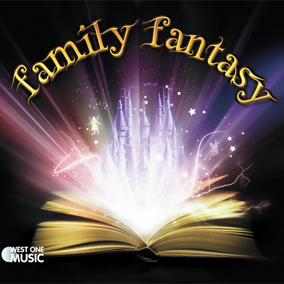 Family Fantasy album cover, fairytale castle emerging from an open book in a spray of bright colour