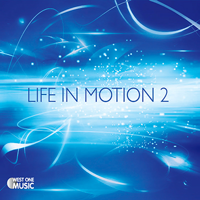 Life in Motion 2 album cover, luminous blue and white abstraction with centered title