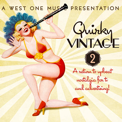 Quirky Vintage 2 album cover, kneeling woman in bikini with clarinet, vintage style illustration 