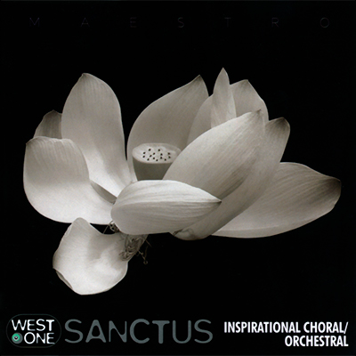 Sanctus album cover, image of a large white flower on black background