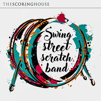 Scratch Band album cover, bass drum in broad stokes of red, black and turquoise, white background, centred title